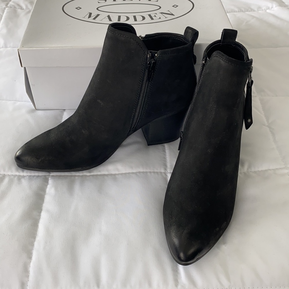 Black suede booties by Steve Madden